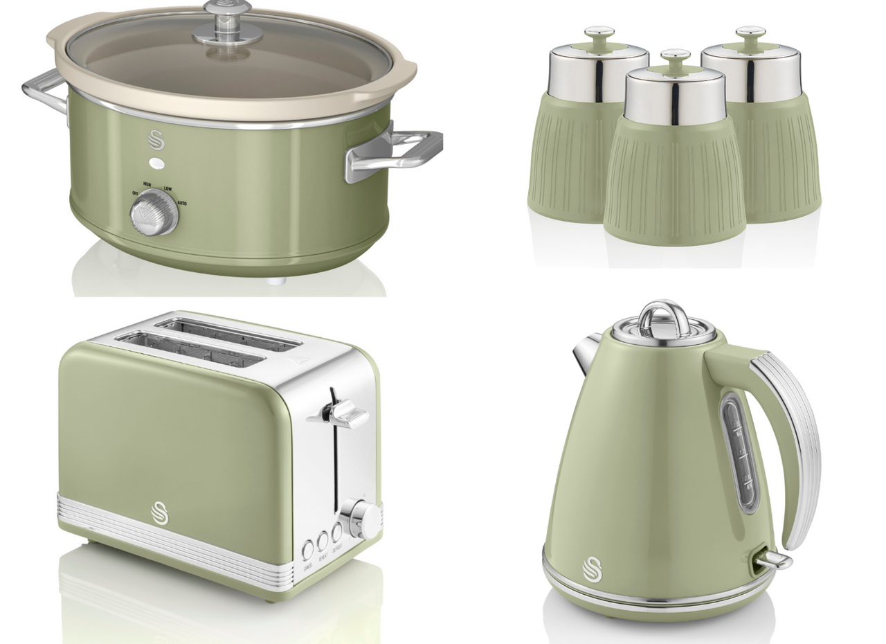 SWAN Retro Green Jug Kettle 2 Slice Toaster 3.5L Slow Cooker & 3 Canisters Set