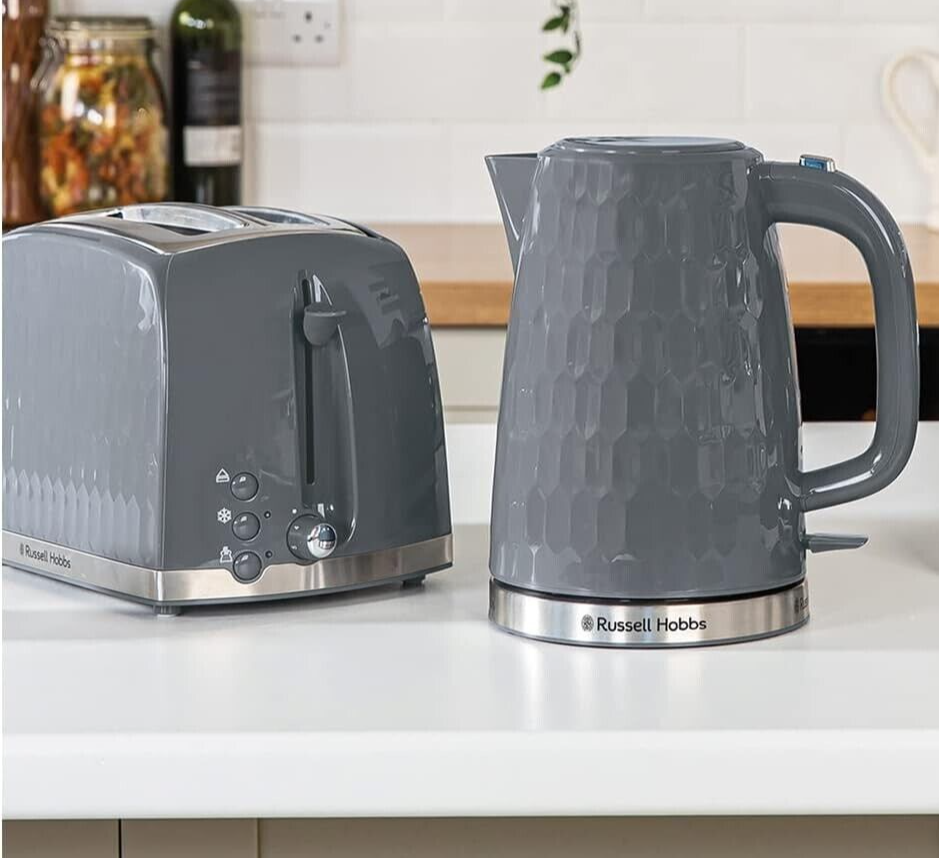 Russell Hobbs Honeycomb Grey Jug Kettle & 2 Slice Toaster Matching Set