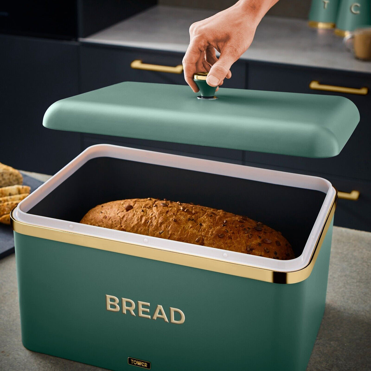 Tower Cavaletto Bread Bin in Jade with Champagne Gold Accents Kitchen Storage