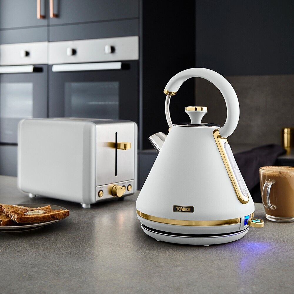Tower Cavaletto White 1.7L Pyramid Kettle, 2 Slice Toaster, Bread Bin & 3 Canisters Kitchen Set