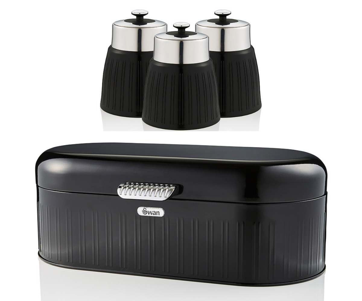 Swan Retro Black Bread Bin & Set of 3 Tea, Coffee & Sugar Canisters Kitchen Set