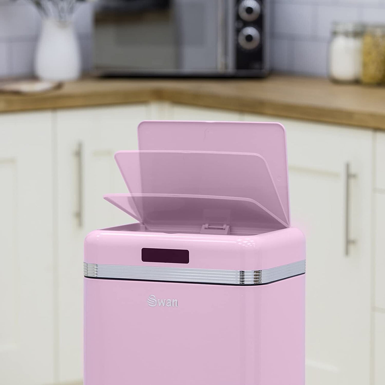 Swan Retro Pink 45L Square Sensor Bin Vintage Design Kitchen Household Waste Bin