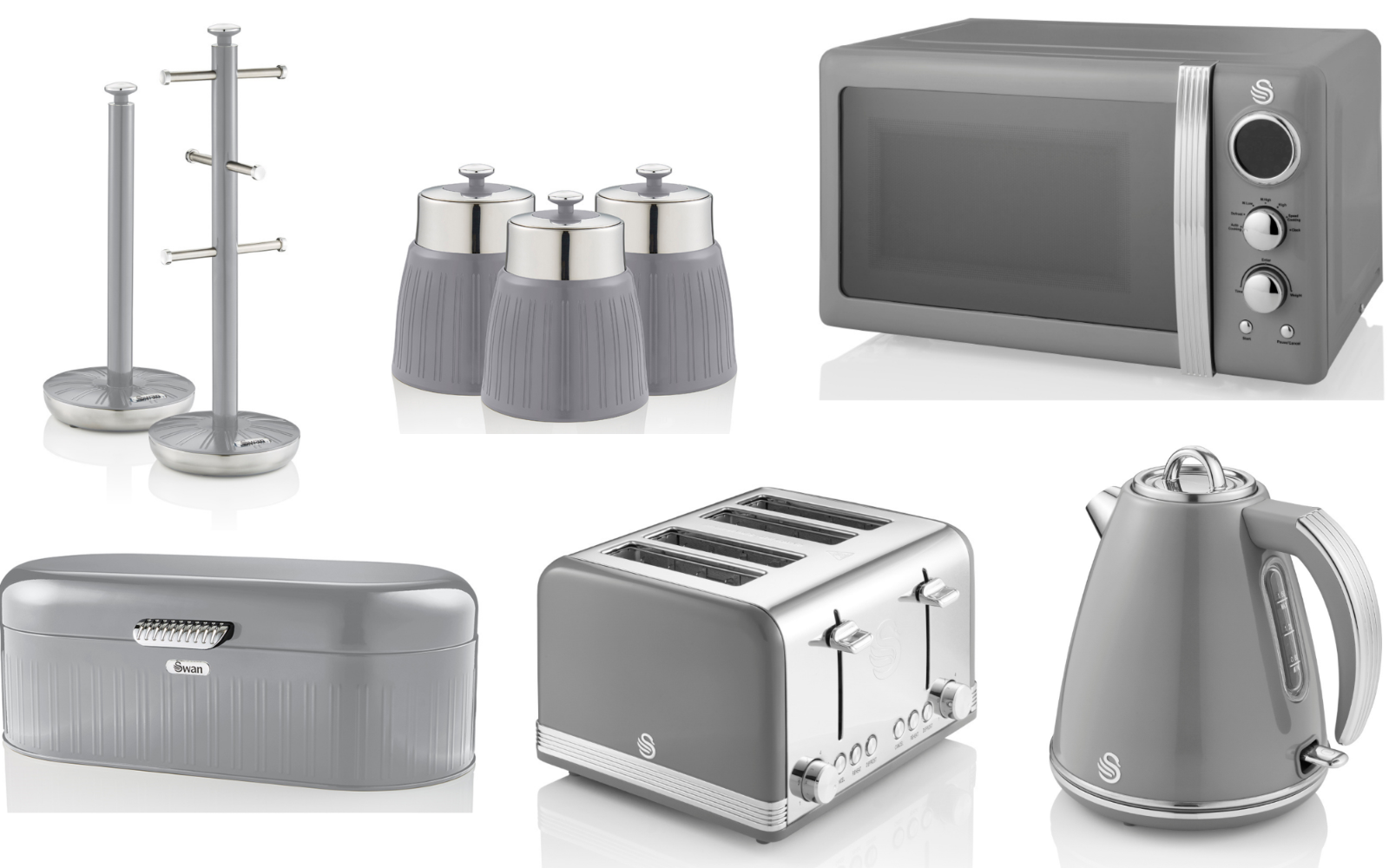 SWAN Retro Grey Kettle 4 Slice Toaster Microwave & Kitchen Storage Set