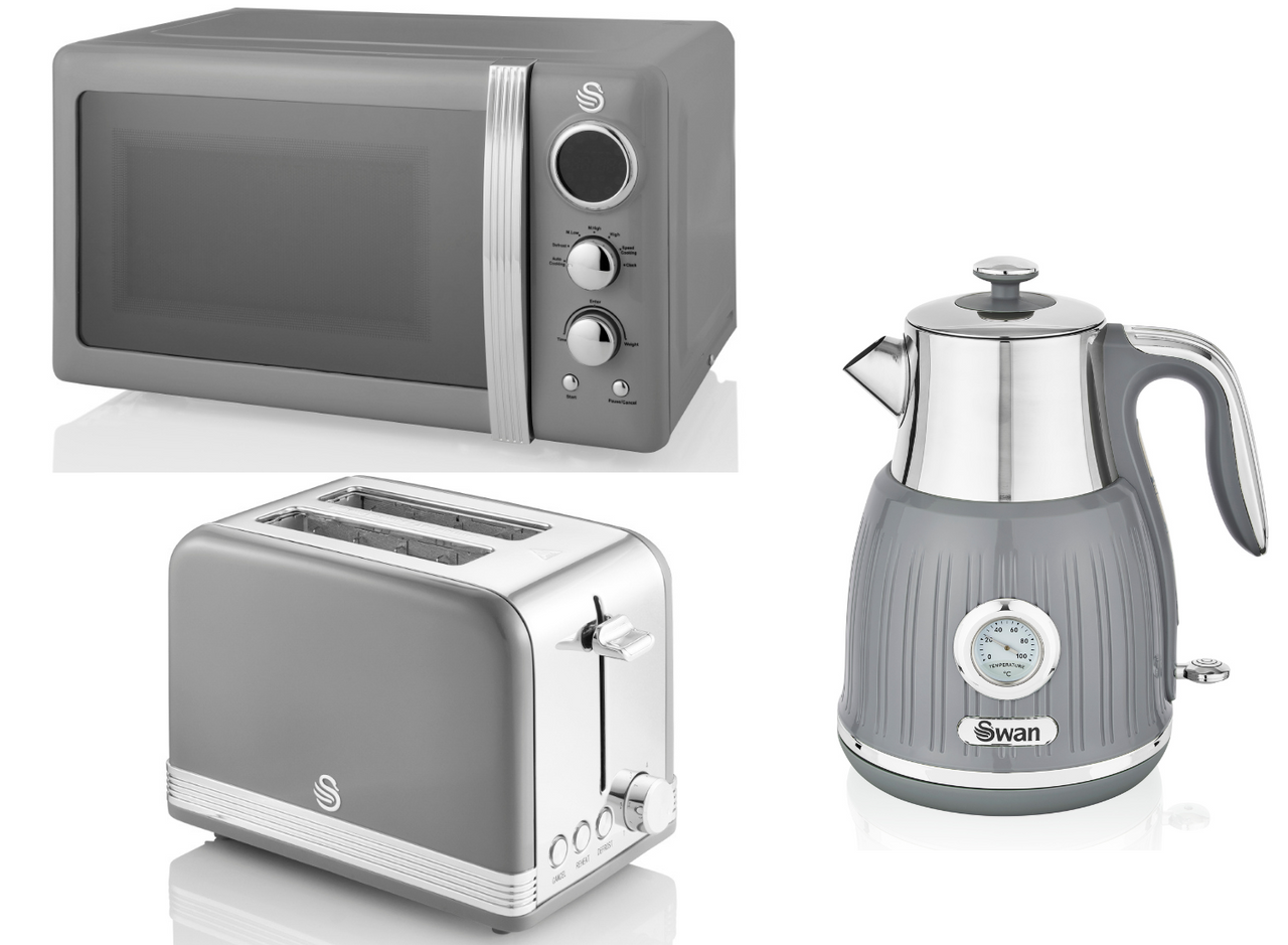 SWAN Retro Dial Kettle, 2 Slice Toaster & Digital Microwave in Vintage Grey