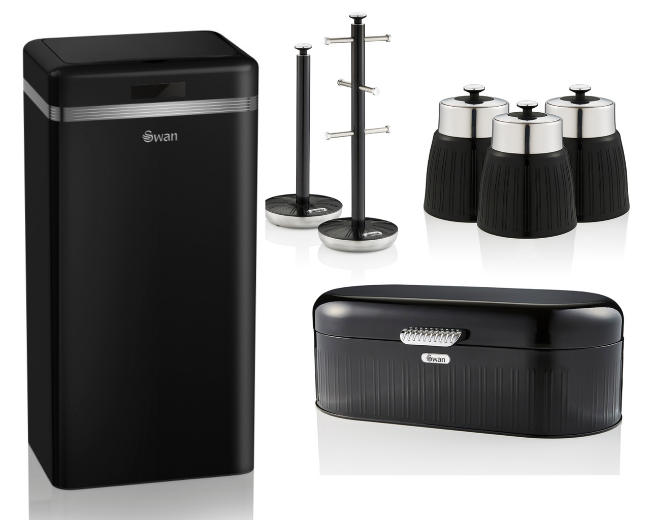SWAN Retro Black 45L Sensor Bin Bread Bin Canisters Mug Tree Towel Pole Set of 7