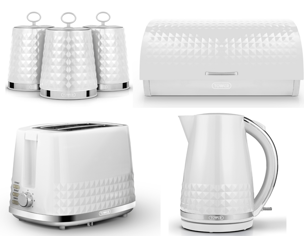 Tower Solitaire Kettle 2 Slice Toaster Bread Bin & Canisters Set White & Chrome