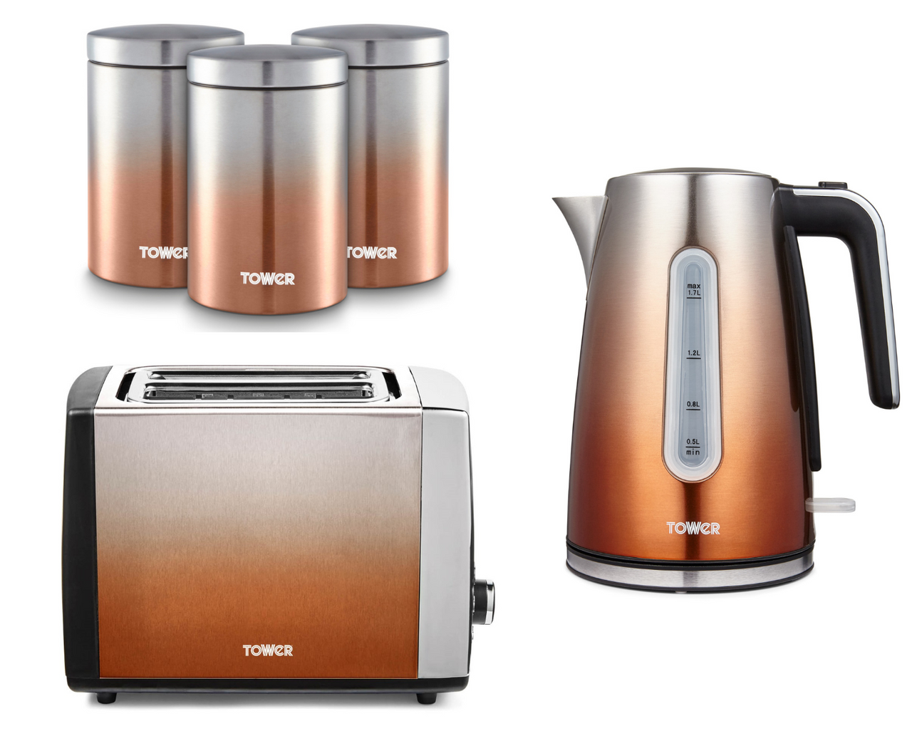 Tower Infinity Ombre Copper Kettle Toaster & 3 Canisters Matching Kitchen Set