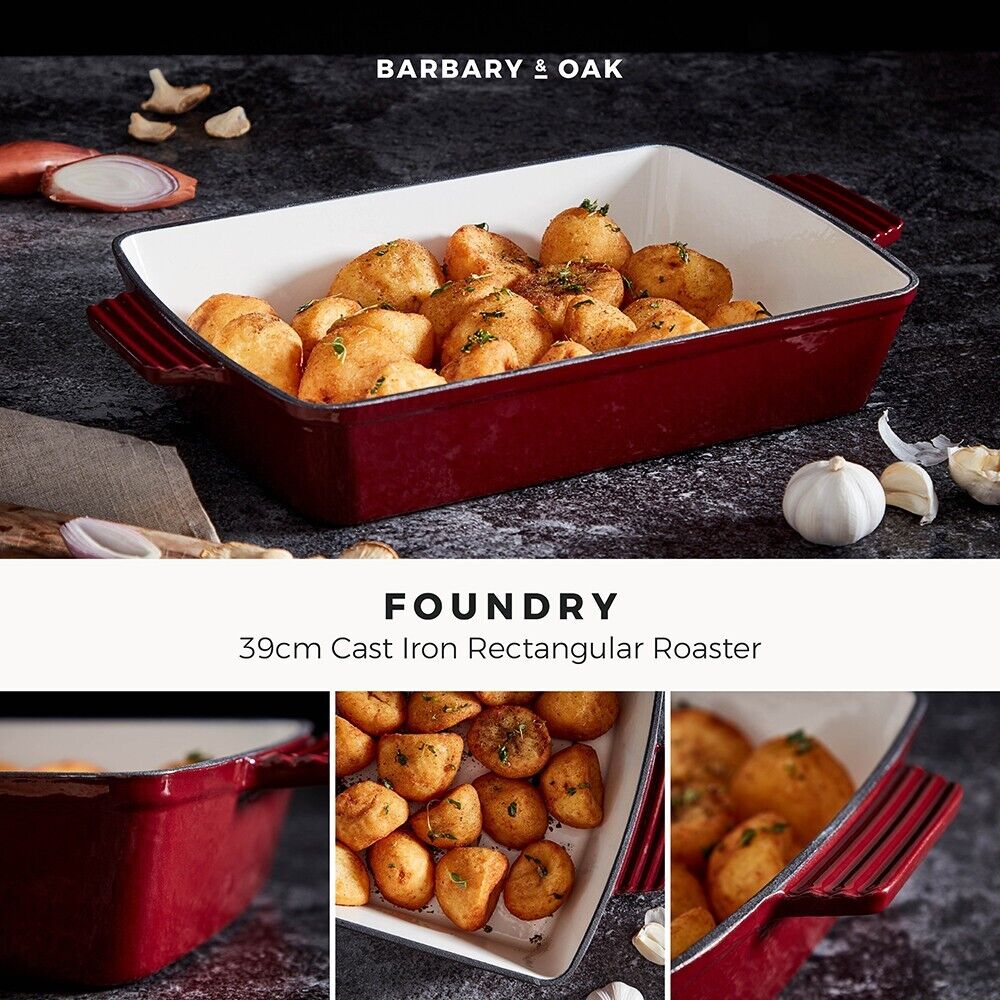 Barbary & Oak 39cm Cast Iron Rectangular Roaster in Bordeaux Red with 25 Year Guarantee