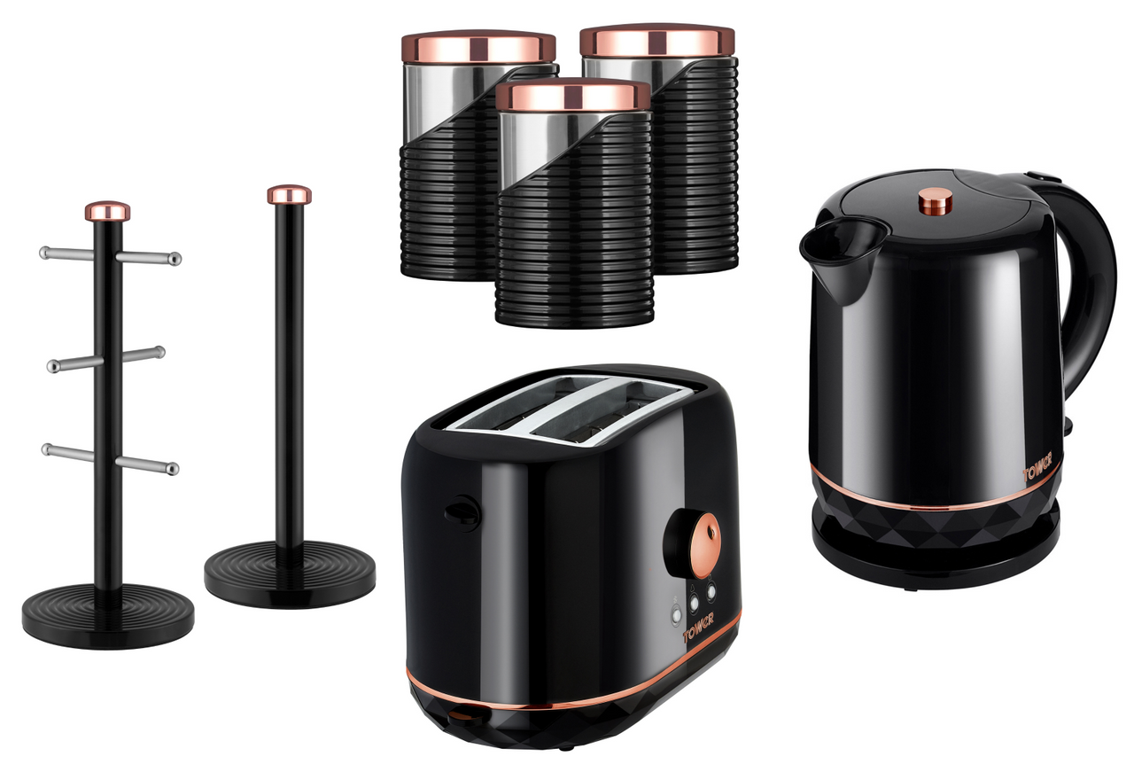 Tower Rose Gold/Black Kettle Toaster 3 Canisters Mug Tree & Towel Pole Set of 7