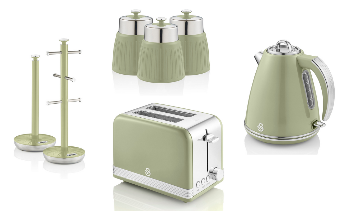 SWAN Retro Green Jug Kettle 2 Slice Toaster Canisters Mug Tree & Towel Pole Set