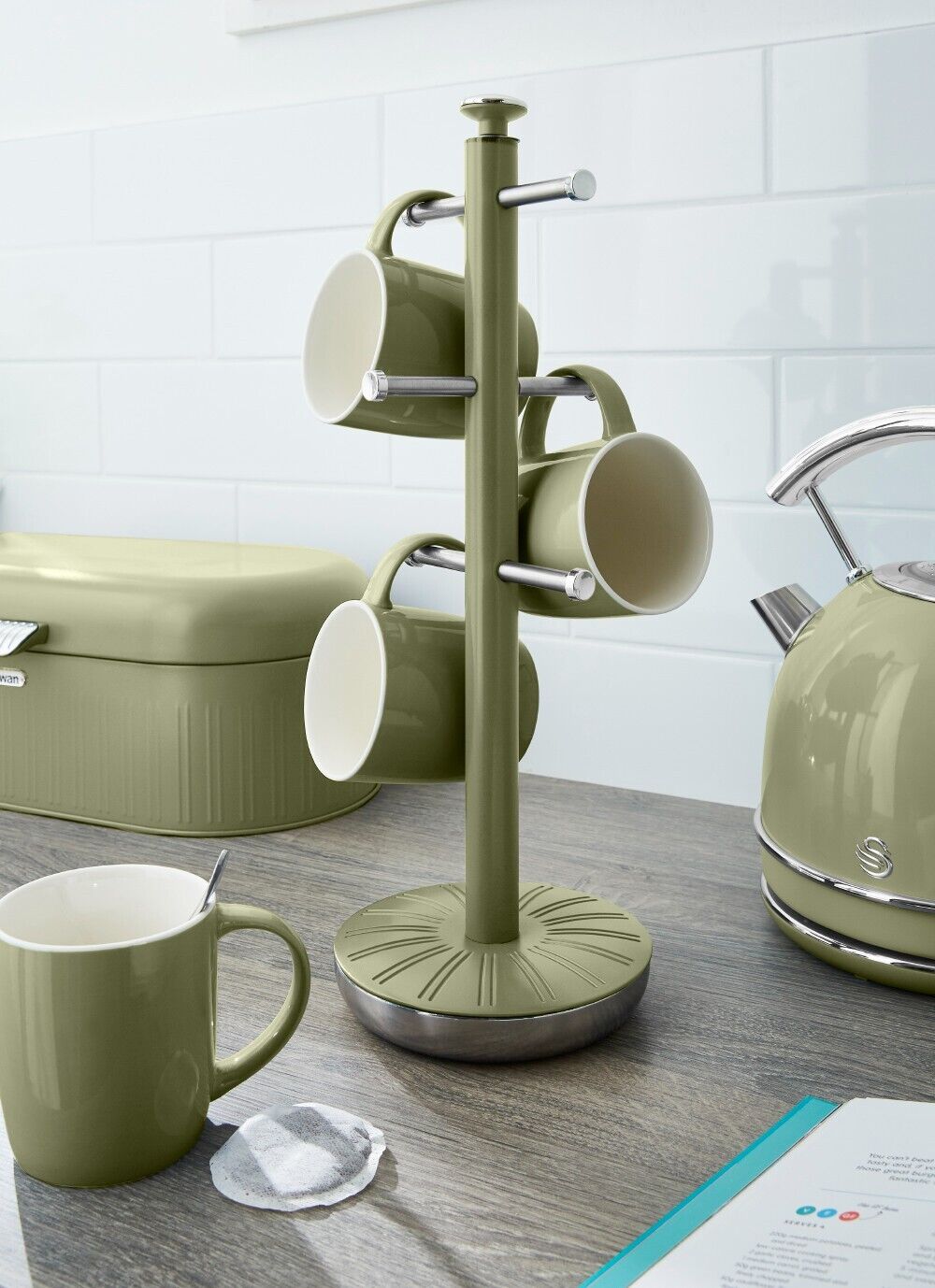 Swan Retro Green Mug Tree & Towel Pole Matching Kitchen Storage Set