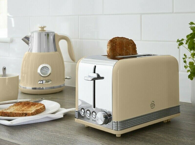 Swan Retro Dial Kettle & 2 Slice Toaster Vintage Kitchen Electrical Set in Cream