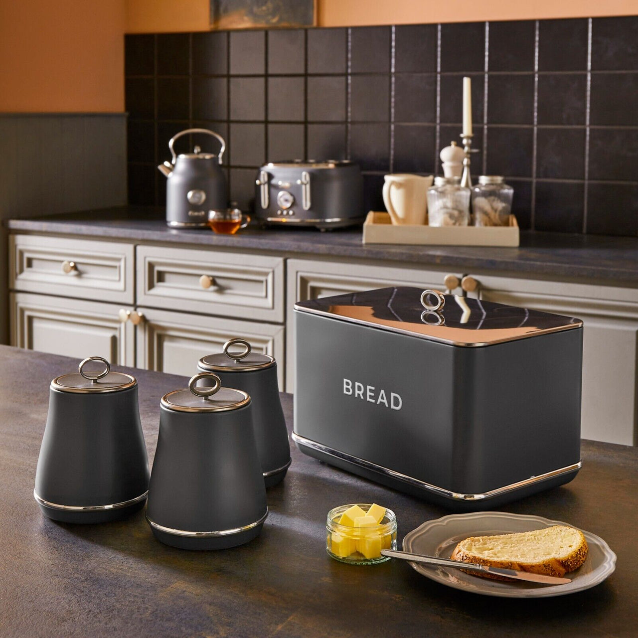 Oval 4 Piece Stainless Steel Bread Bin & Tea Coffee & Sugar Canister Set Red 40a46274