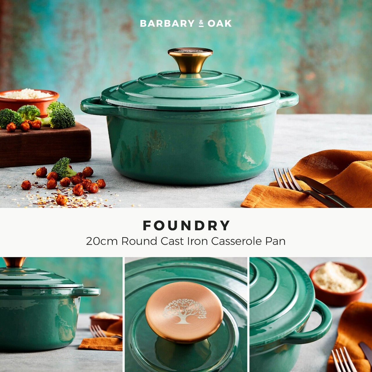 Barbary & Oak Foundry 20cm Round Casserole Pan Cast Iron in Verdigris Green