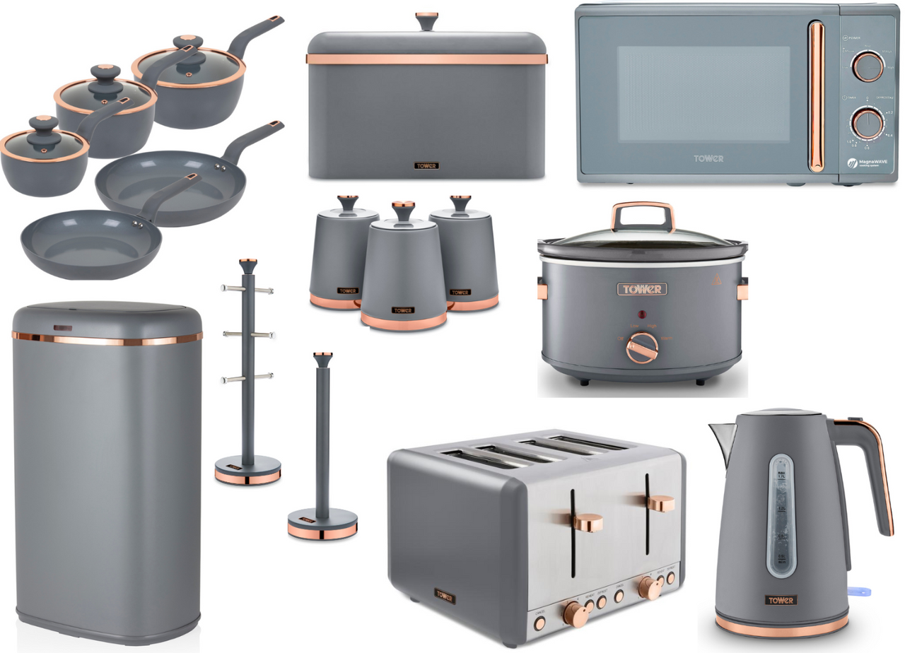 Tower Cavaletto Complete Kitchen Set of 16 Items Grey & Rose Gold 3 Yr Guarantee