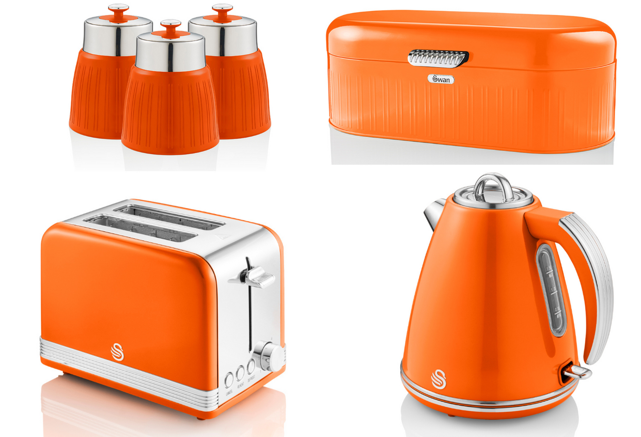 SWAN Retro Orange Kettle 2 Slice Toaster Bread Bin & Canisters Kitchen Set of 6