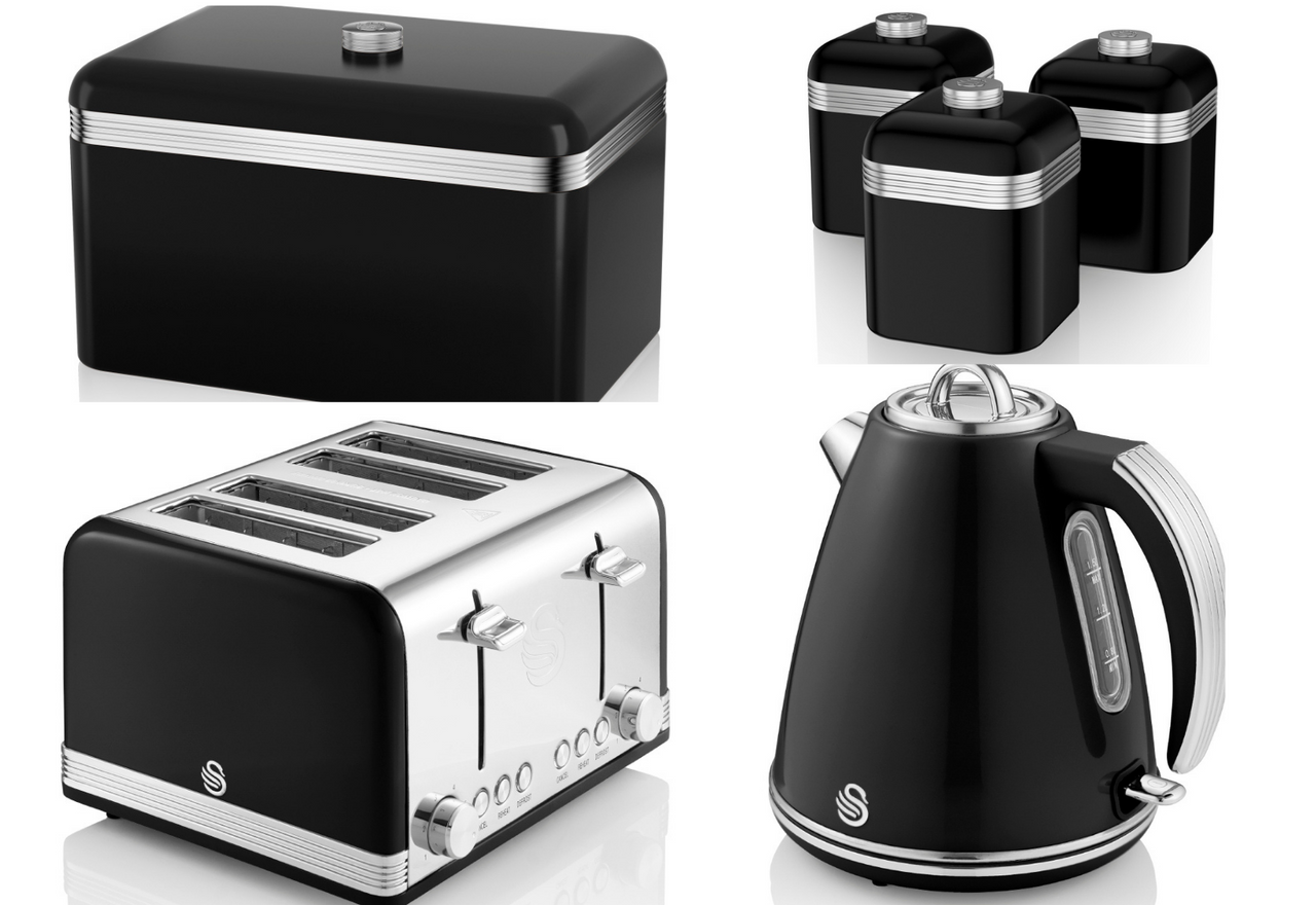 Swan Retro Black 1.5L 3KW Jug Kettle, 4 Slice Toaster, Bread Bin & Tea, Coffee, Sugar Canisters Set