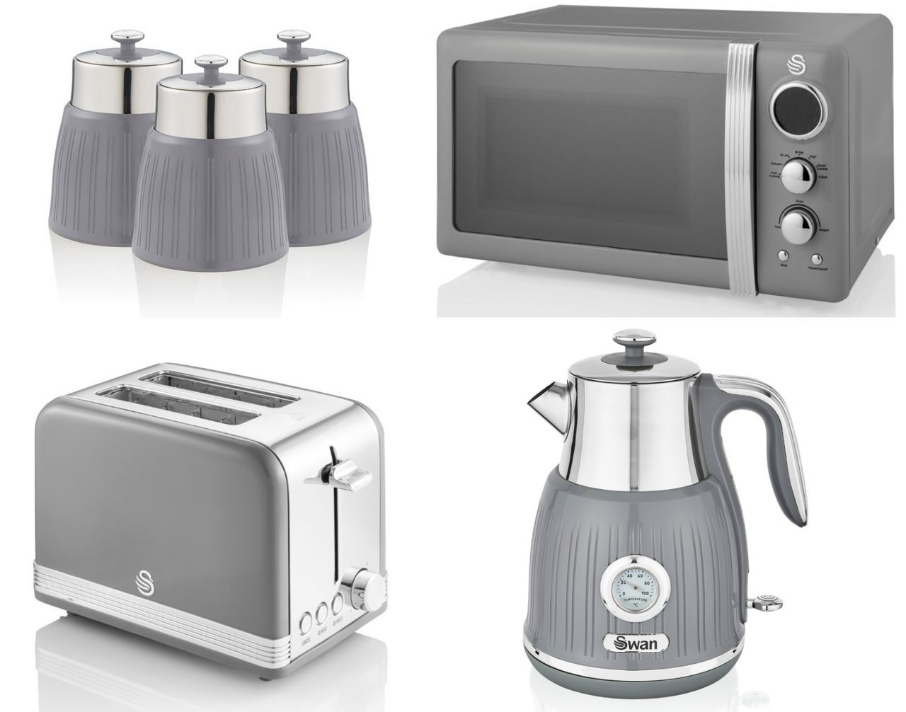 SWAN Retro Grey Jug Dial Kettle 2 Slice Toaster Microwave & 3 Canisters Set