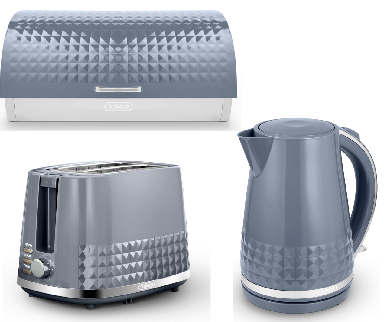 Tower Solitaire Kettle 2 Slice Toaster & Bread Bin Grey & Chrome Matching Set