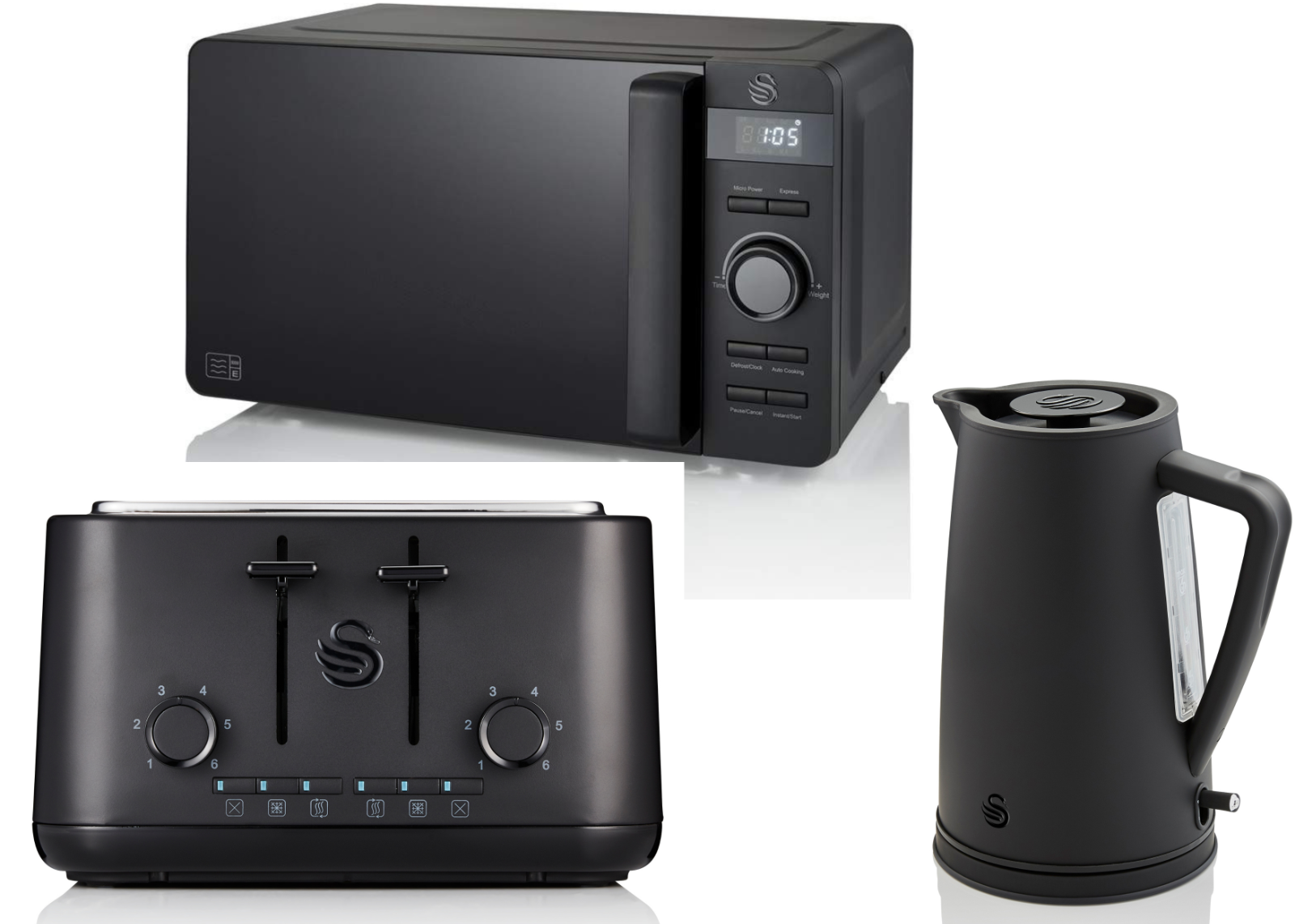 Swan Stealth Kettle 4 Slice Toaster 800W Digital Microwave in Black