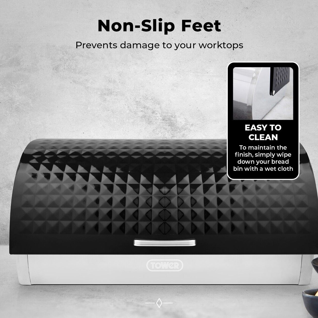 Tower Solitaire Black Breadbin with Embossed Diamond Design T826206BLK