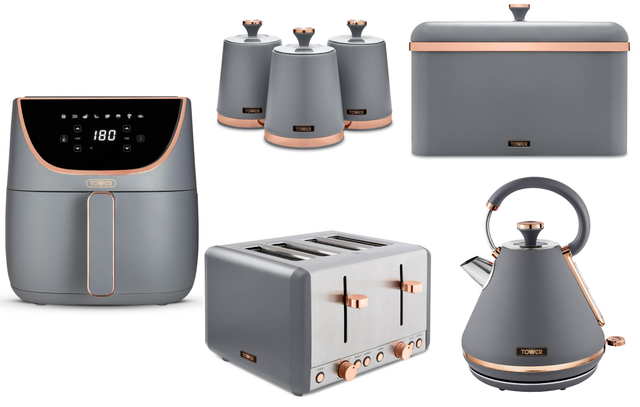 Tower Cavaletto Grey Kettle 4 Slice Toaster Air Fryer Bread Bin & Canisters Set