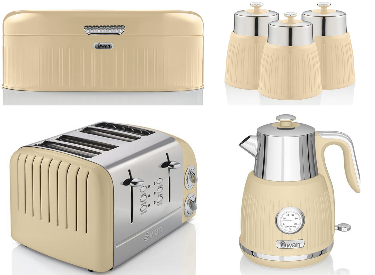 Swan Retro Cream Dial Kettle, 4 Slice Toaster, Bread Bin & Canisters Kitchen Set
