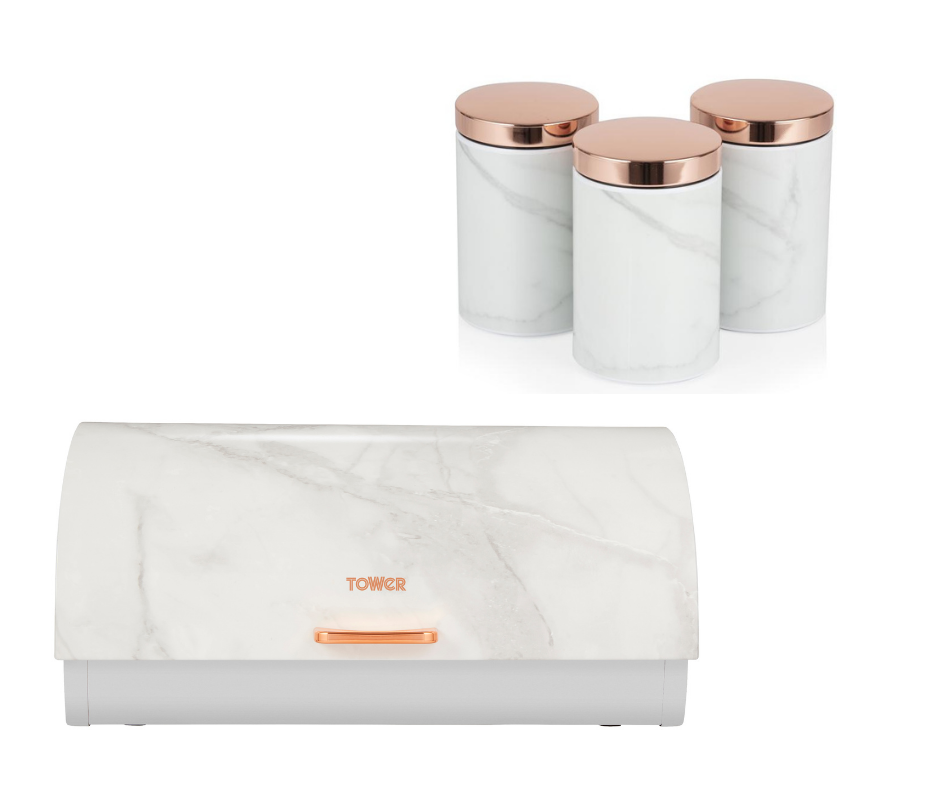 Tower Rose Gold/White Marble Bread Bin & Tea, Coffee & Sugar Canisters Set