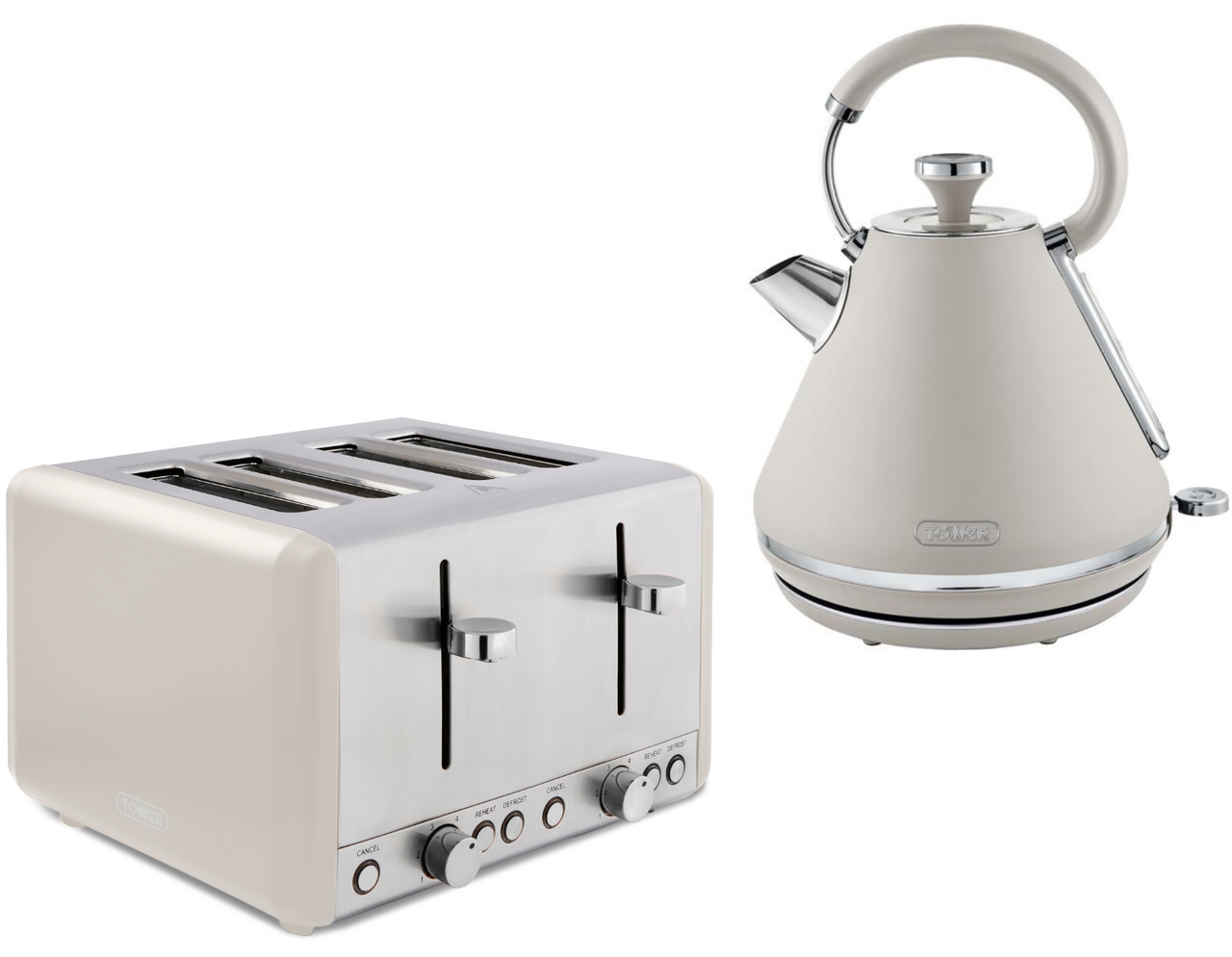 Tower Cavaletto Pyramid Kettle & 4 Slice Toaster Latte with Chrome Accents