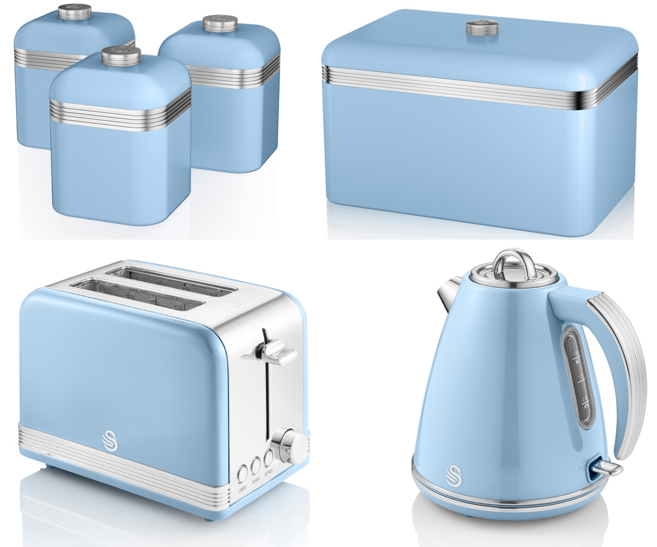 Swan Retro Blue 1.5L 3KW Jug Kettle, 2 Slice Toaster, Bread Bin & Canisters Kitchen Set