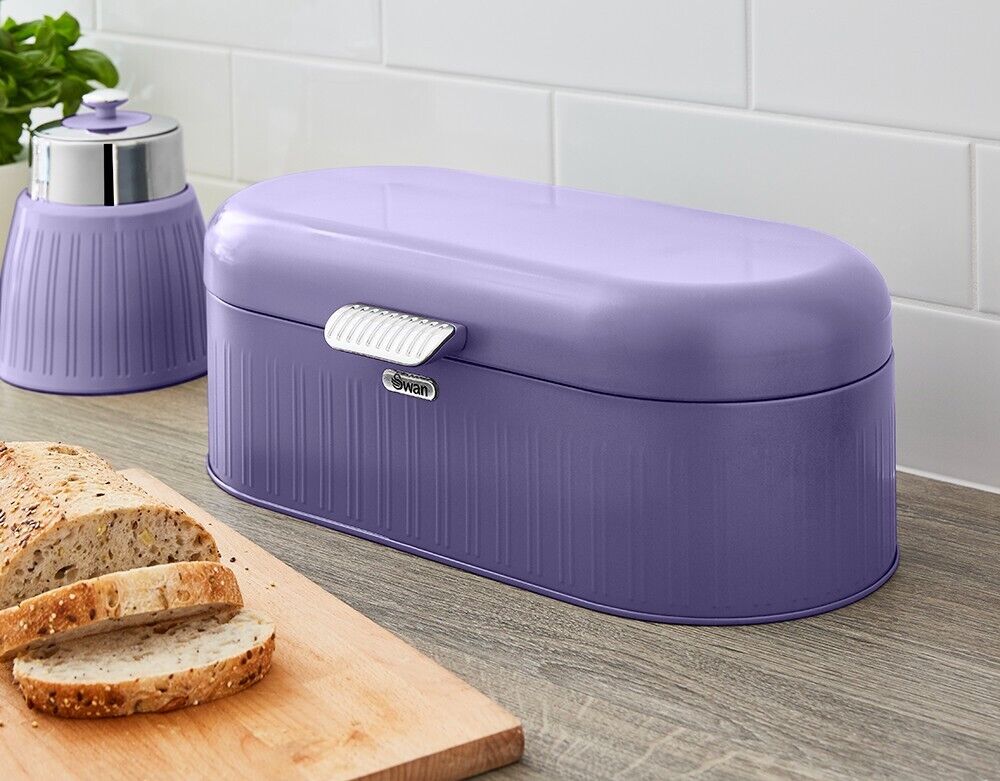 SWAN Retro Purple Bread Bin & Tea Coffee & Sugar Canisters Kitchen Storage Set