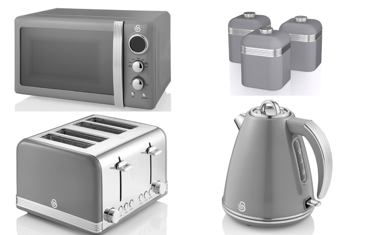 SWAN Retro Grey 1.5L 3KW Jug Kettle, 4 Slice Toaster, 800W 20L Microwave & 3 Canisters Matching Kitchen Set