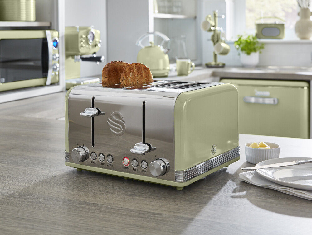 Swan Retro Green Kettle Toaster Microwave Bread Bin Canisters Set