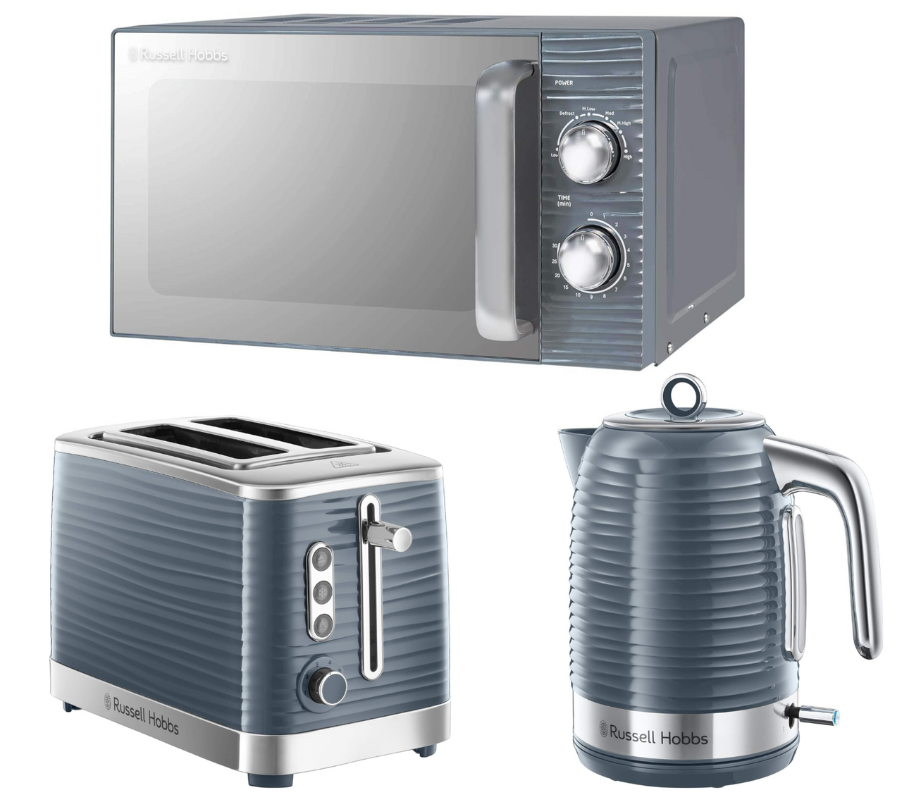 Russell Hobbs Inspire Grey Jug Kettle, 2 Slice Toaster & Microwave Matching Kitchen Set