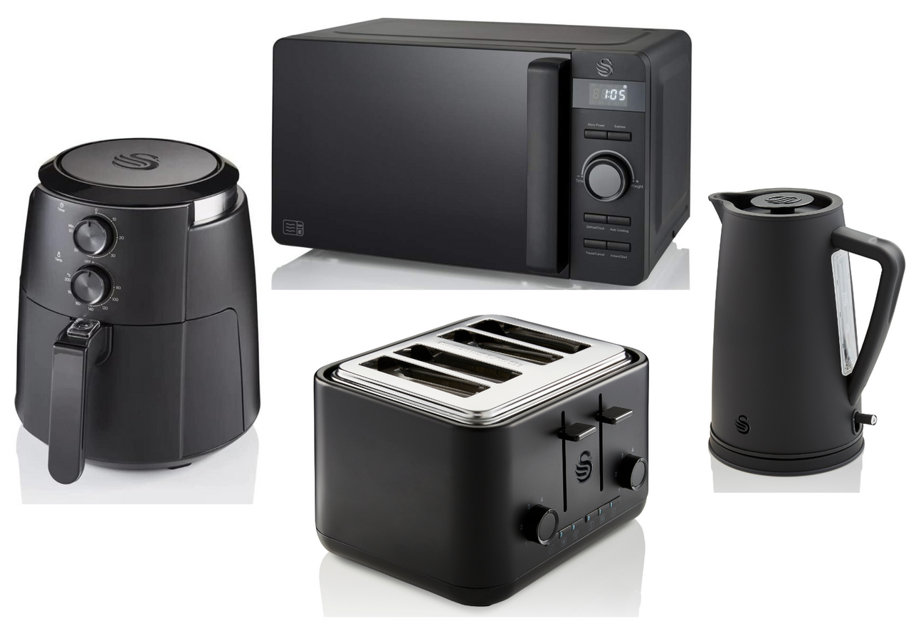 Swan Stealth Black Kettle, 4 Slice Toaster, 800W 20L Microwave & 4.7L Air Fryer Matching Kitchen Set