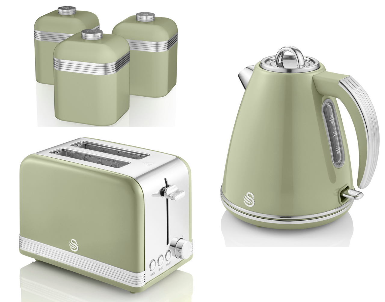 SWAN Retro Green Jug Kettle 2 Slice Toaster & 3 Storage Canisters Kitchen Set