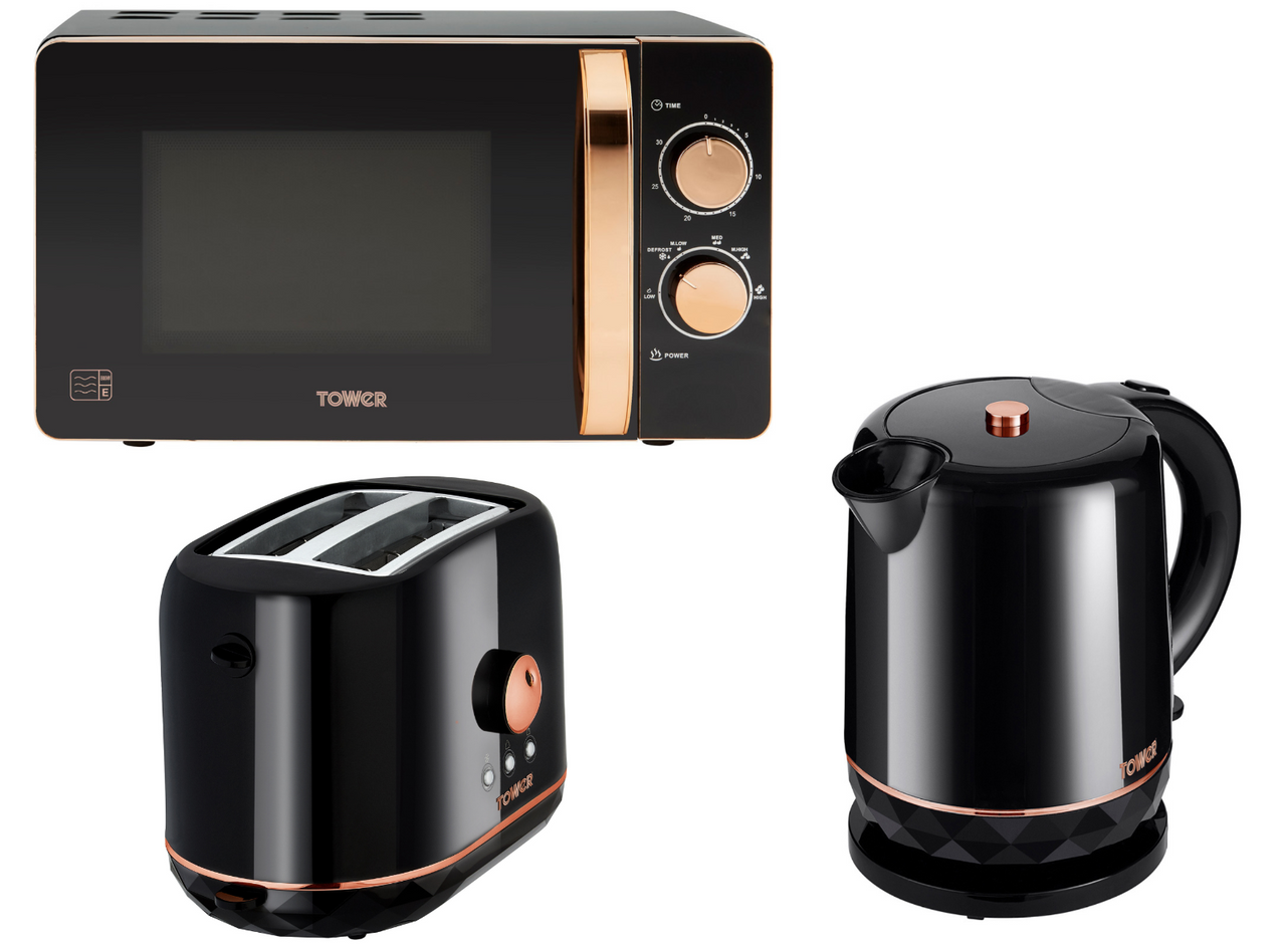 Tower Rose Gold & Black Kettle 2 Slice Toaster & 800W 20L Microwave Kitchen Set