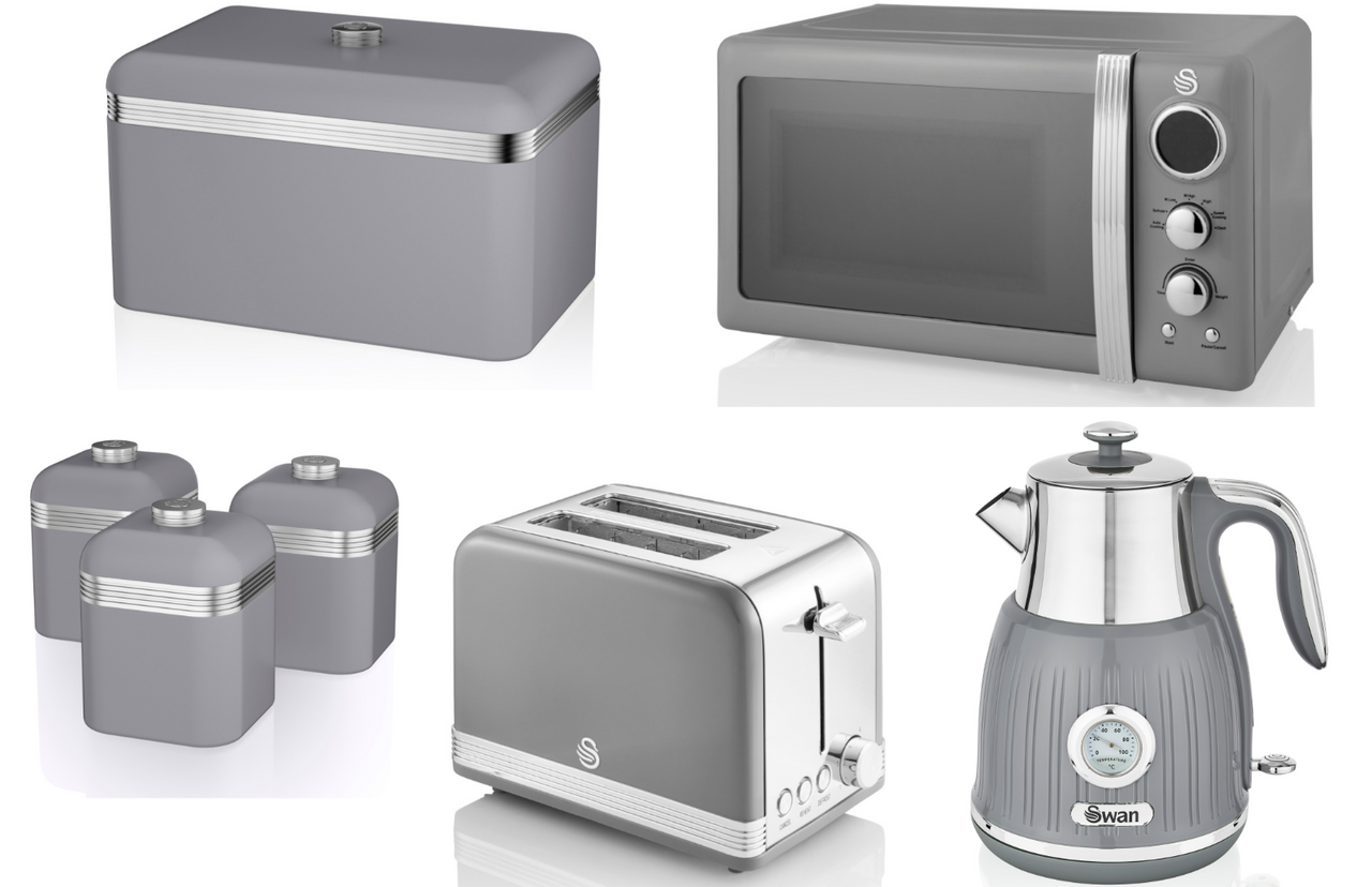SWAN Retro Grey Dial Kettle 2 Slice Toaster Microwave Bread Bin & Canisters Set