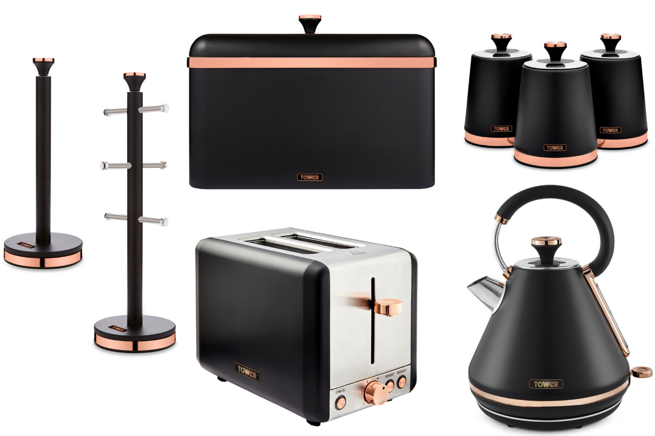 Tower Cavaletto Black Pyramid Kettle, 2 Slice Toaster & Kitchen Accessories/Storage Set of 8