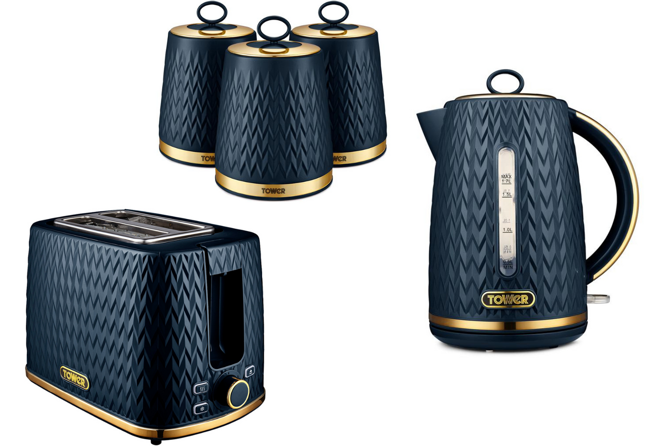 Tower Empire Jug Kettle 2 Slice Toaster & Canisters Set Midnight Blue with Brass