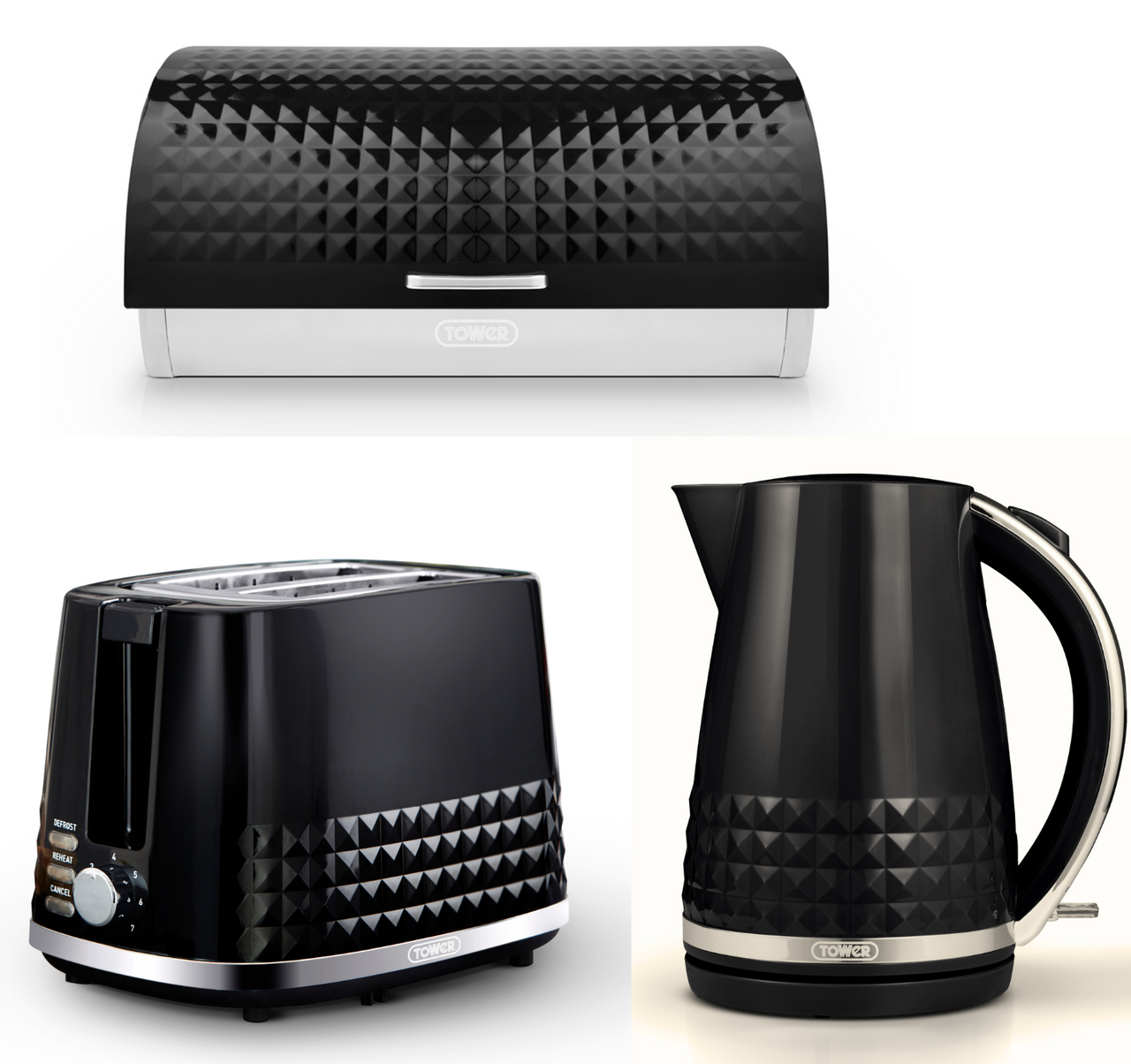 Tower Solitaire Jug Kettle, 2 Slice Toaster & Bread Bin in Black & Chrome Matching Set