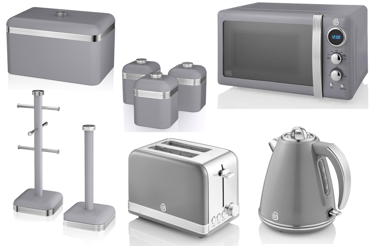 SWAN Retro Grey Set of 9 - 1.5L 3KW Jug Kettle, 2 Slice Toaster, Digital Microwave, Bread Bin, Canisters, Mug Tree & Towel Pole