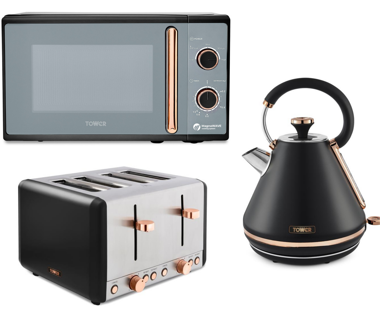 Tower Cavaletto Black & Rose Gold Pyramid Kettle 4 Slice Toaster & Microwave Set
