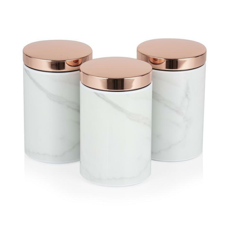 Tower Marble & Rose Gold Tea Coffee Sugar Canisters with Marble Effect