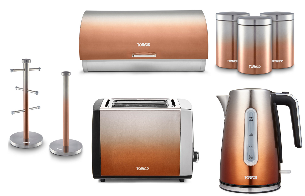 Tower Infinity Ombre Copper Kettle Toaster & Kitchen Storage. Matching Set of 8