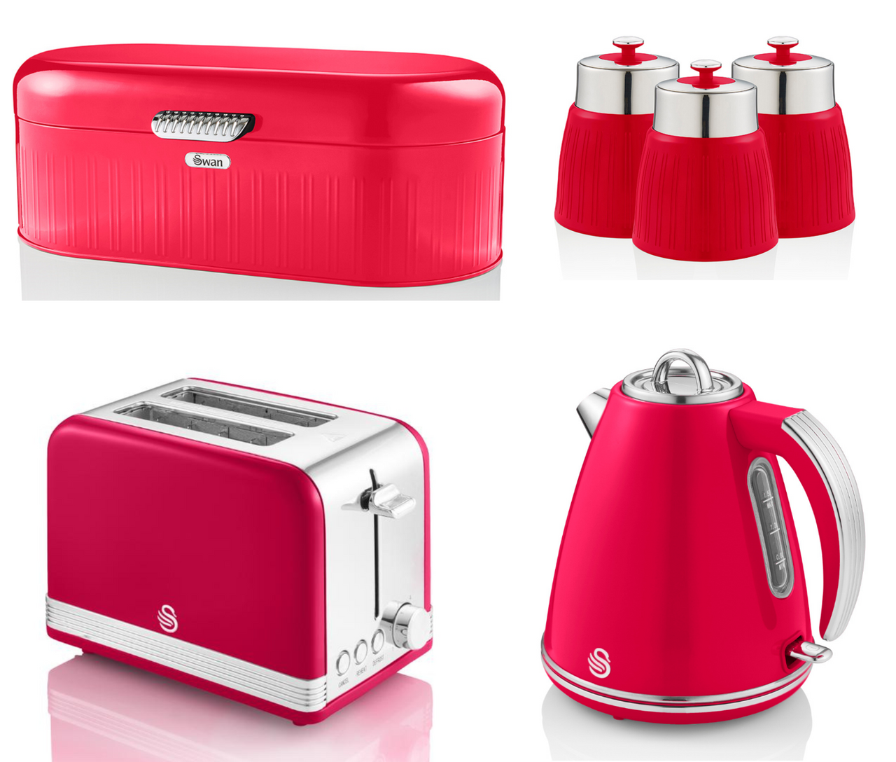 Swan Retro Red Kettle 2 Slice Toaster Breadbin 3 Canisters Matching Kitchen Set