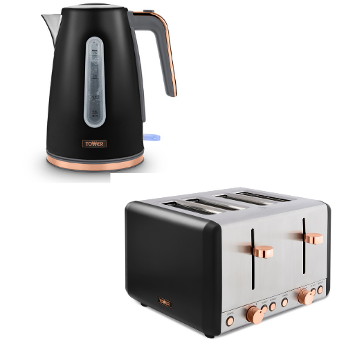 Tower Cavaletto 1.7L Jug Kettle & 4 Slice Toaster Set Black & Rose Gold