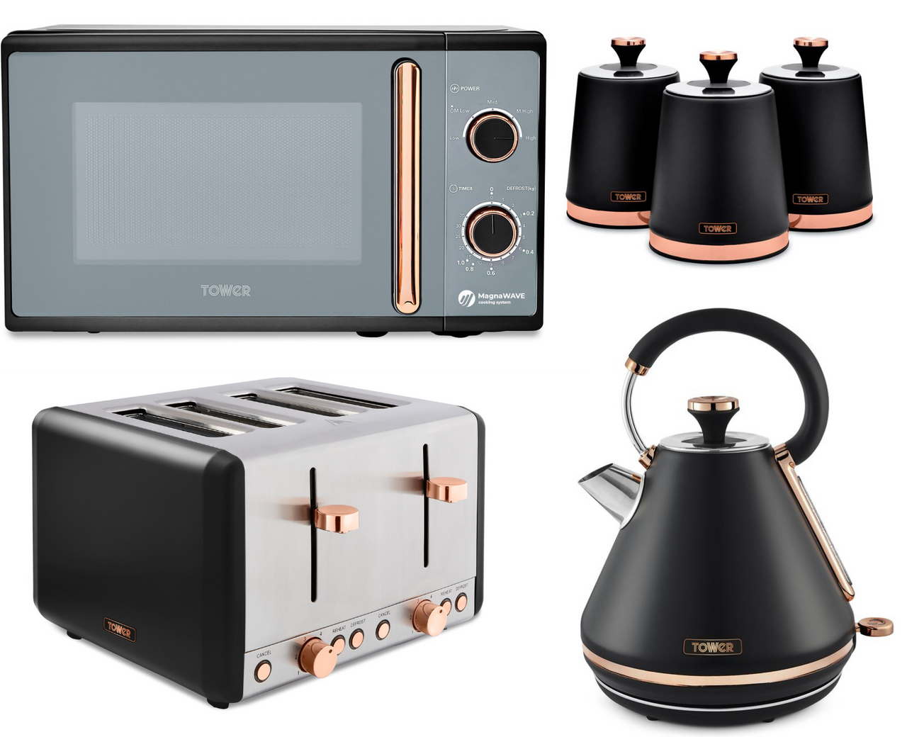 Tower Cavaletto Black & Rose Gold 1.7L 3KW Pyramid Kettle, 4 Slice Toaster, 800W 20L Microwave & Canisters Matching Set