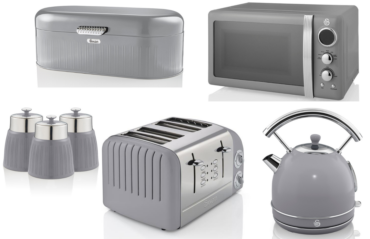 SWAN Retro Grey Dome Kettle 4 Slice Toaster Microwave Bread Bin & 3 Canisters
