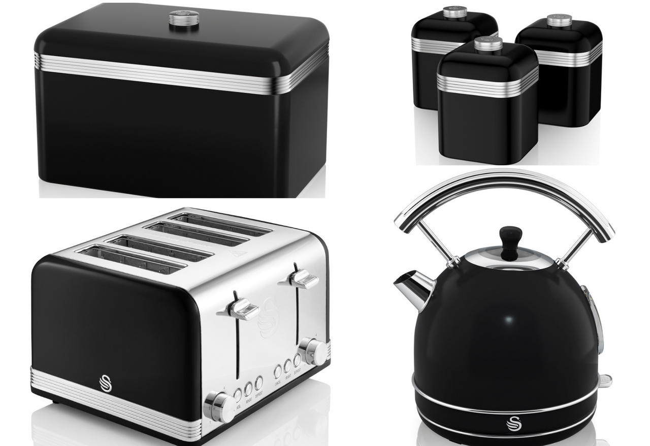 Swan Retro Black Dome Kettle 4 Slice Toaster Bread Bin & Canisters Kitchen Set